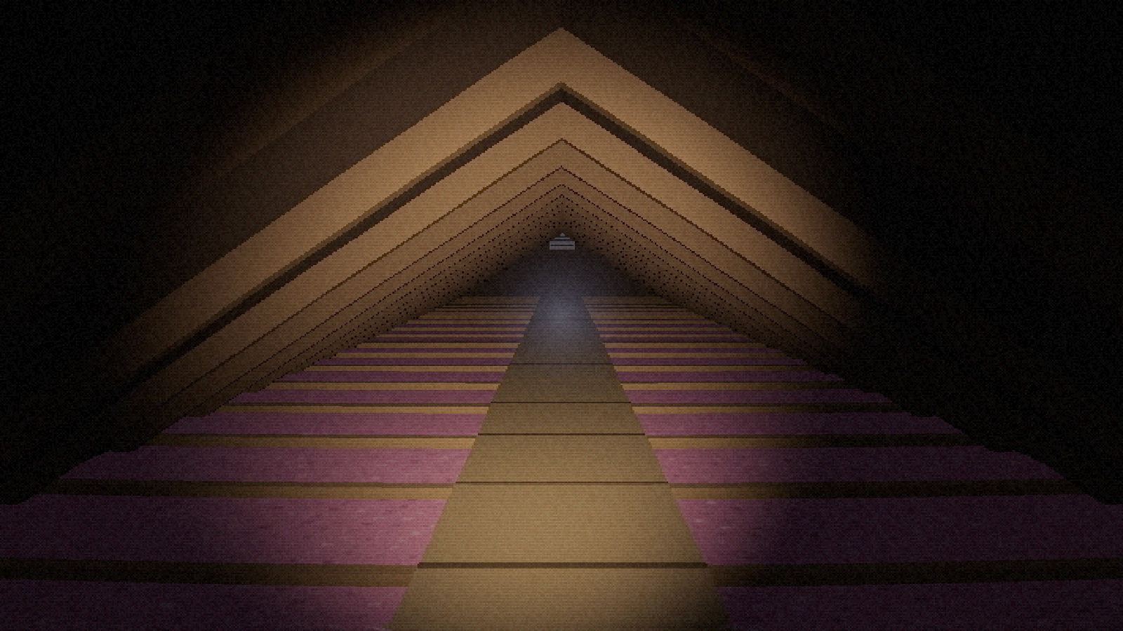 An attic in torchlight: rafters, a plywood walkway and pink insulation between the joists.