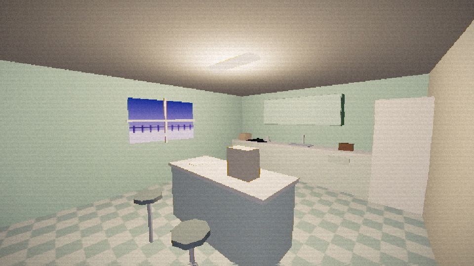A pale green kitchen with a counter and two stools.