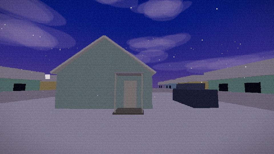 A single-storey house in the snow under a deep blue evening sky.